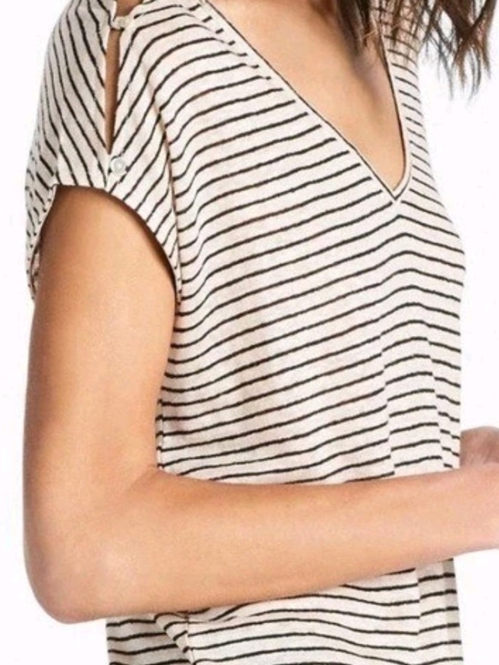 🌼B2G1🌼 Lucky Brand Cream and Black Striped V-Neck Linen Short Sleeve Top